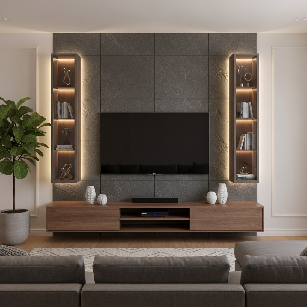 Modern TV Room with Pine Wall Paneling and Wall-Mounted TV Screen