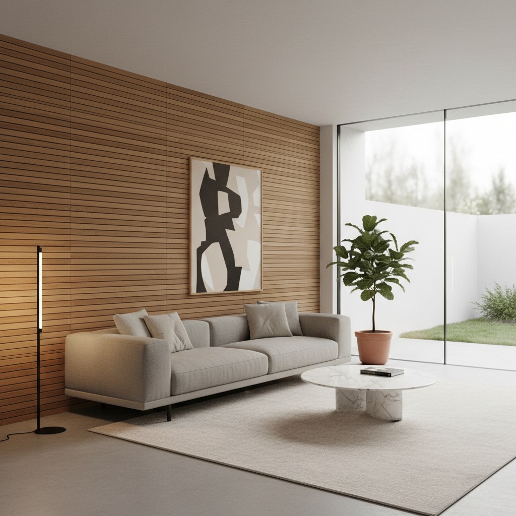 Minimalist Modern Living Room with Wooden Accent Wall and Neutral Sofa