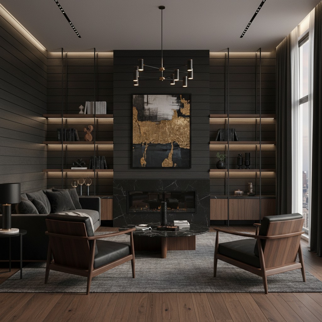 Luxury black and wood living room interior with wall paneling