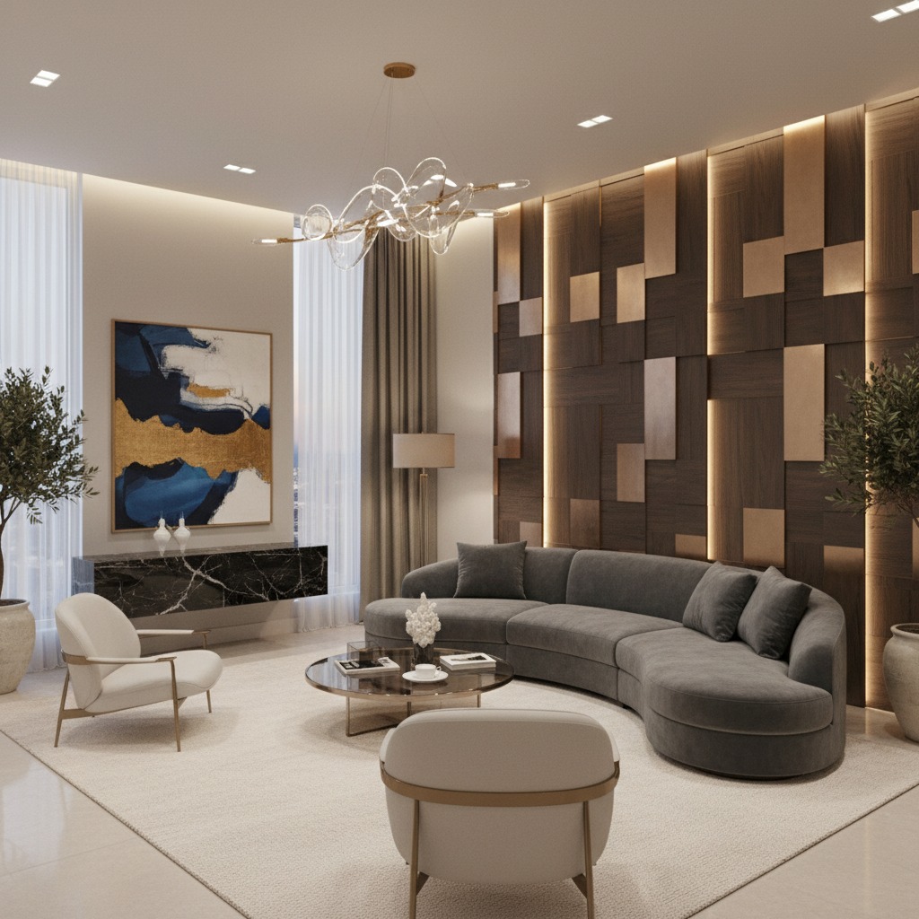 Modern luxury living room interior with wall decorating panels and sofa.