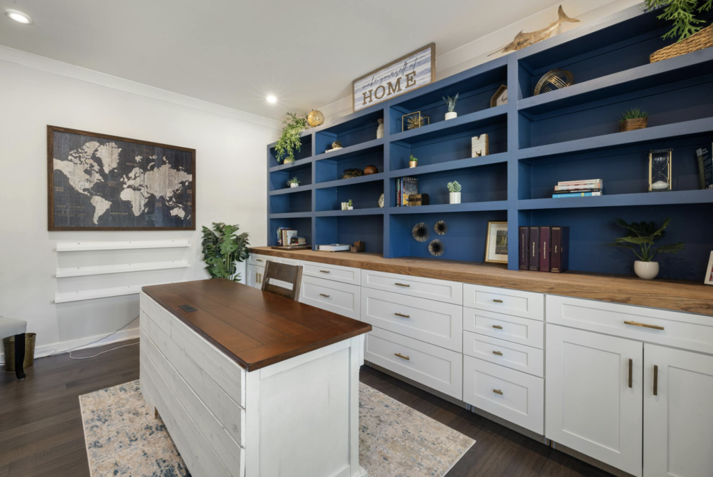 Stylish Home Office with Blue Shelving